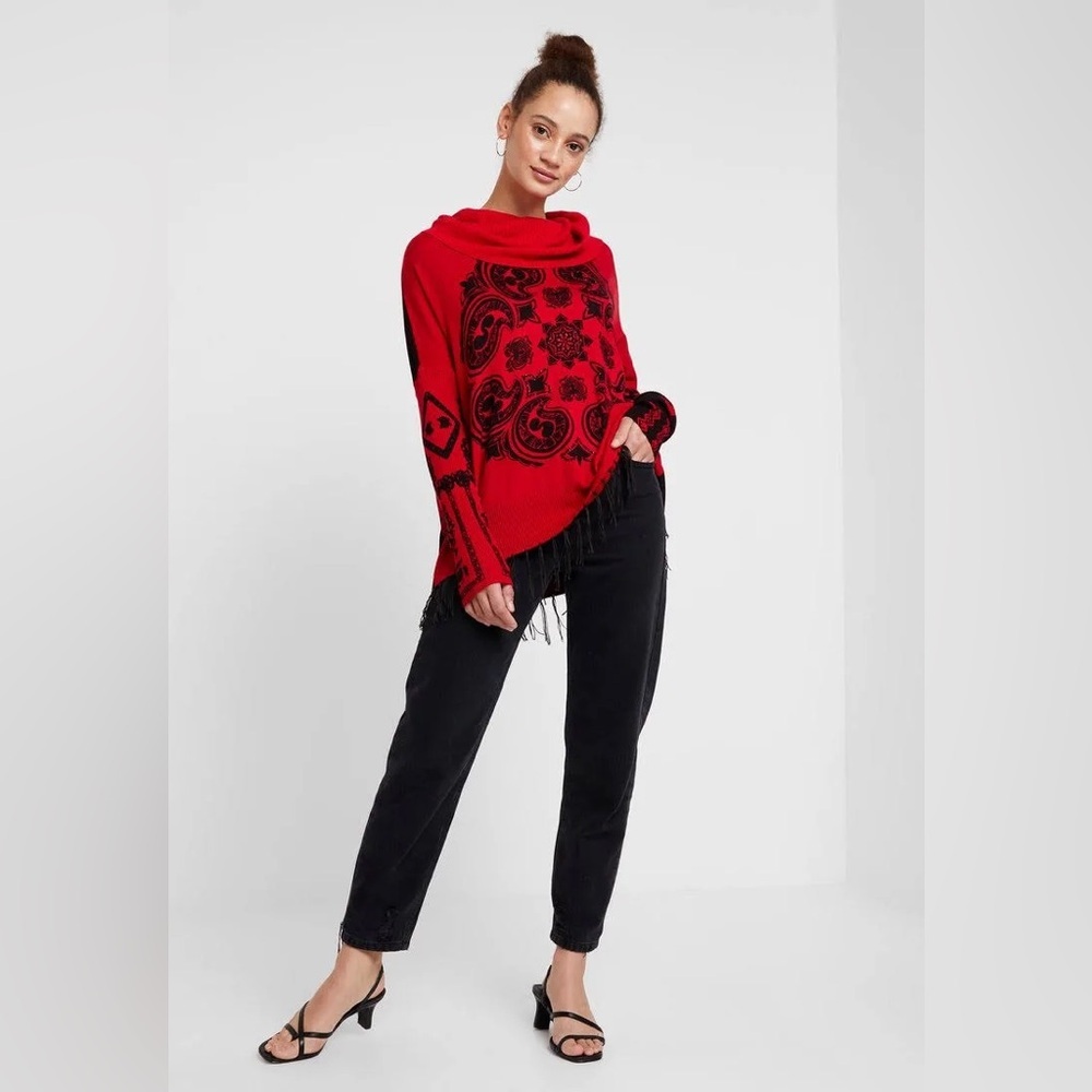 Desigual Women Sweater Medium Red Black Marylebone Fringed Cowl Neck Art Paisley